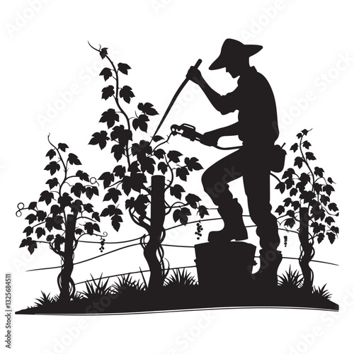 Silhouette of vintner tending vineyard and spraying pesticide