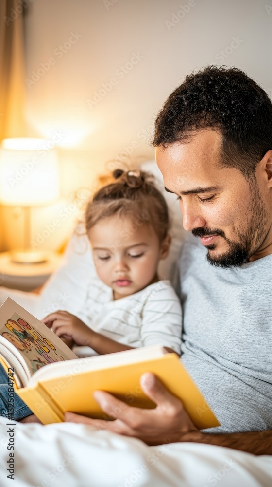 Caring father reading a bedtime story to his little girl creating a warm and loving atmosphere for quality time Caring father reading a bedtime story to his little girl creating a warm and loving atmosphere for quality time