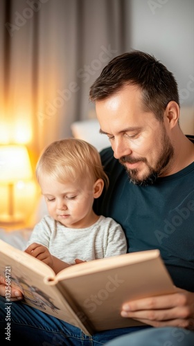 Caring father reading a bedtime story to his baby in a warm and loving atmosphere creating a bonding moment together
