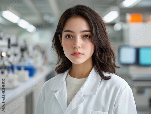 Science Professional at Work: A focused scientist in a lab coat stands confidently in a modern laboratory, embodying expertise and dedication in a cutting-edge scientific environment.