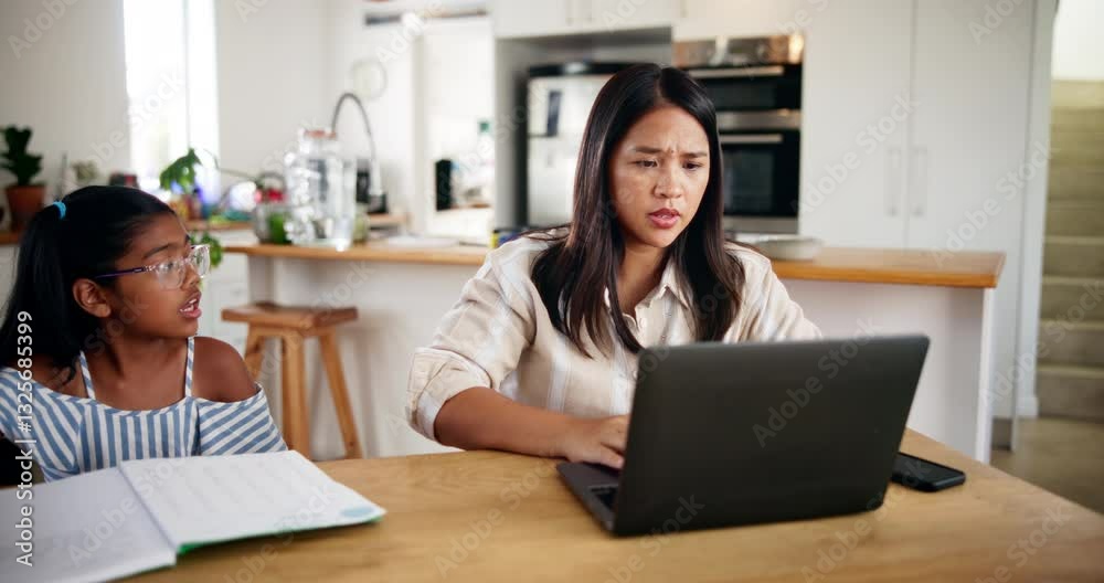 Home, frustrated and woman with laptop, children and asking mom for help, web designer or anxiety for deadline. Digital, parent and person with project in kitchen, stress or shouting at girl in house Home, frustrated and woman with laptop, children and asking mom for help, web designer or anxiety for deadline. Digital, parent and person with project in kitchen, stress or shouting at girl in house