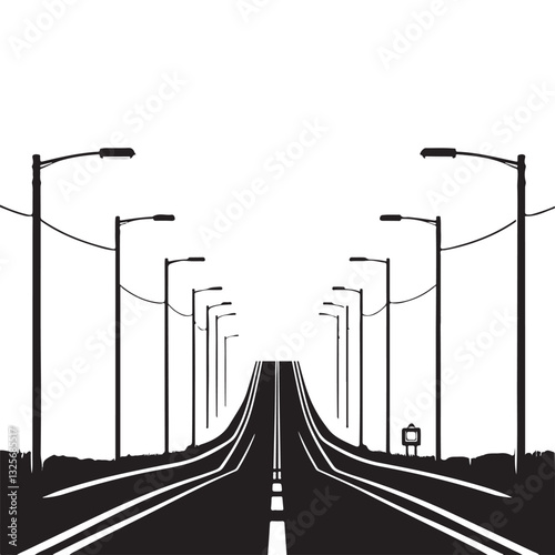 Scenic Road Perspective View with Street Lights Black Illustration