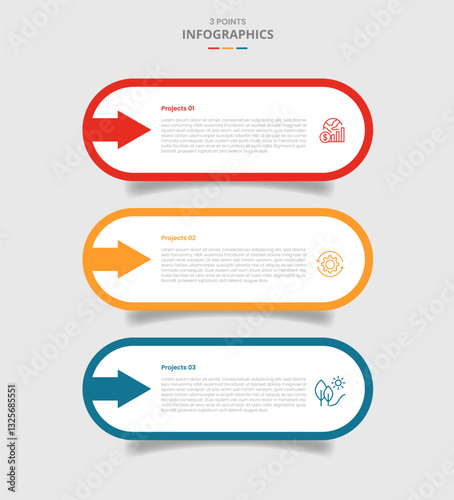 3 points template infographic with round rectangle box with arrow stacked with drop shadow style with three stage list information