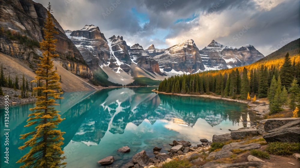 Naklejka premium Majestic Moraine Lake: Turquoise Alpine Gem Amid the Canadian Rockies at Golden Hour