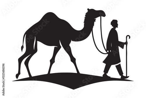 Silhouette man leading camel through desert landscape illustration vector