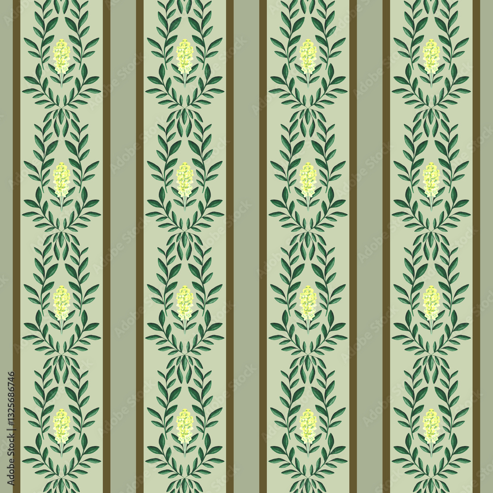 Retro striped wallpaper with floral print.