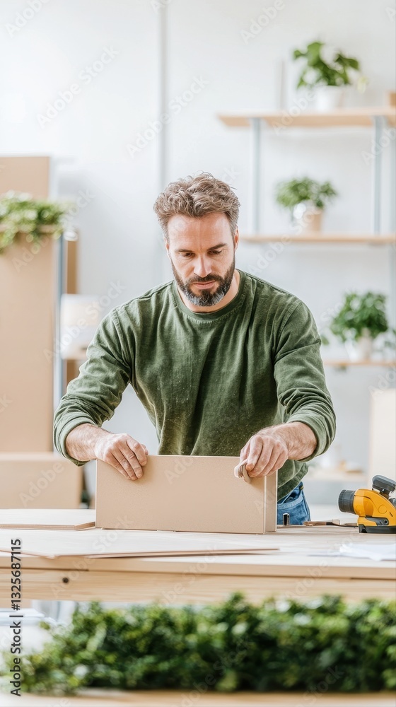 Focused man working on a laptop while assembling furniture in his new office with great concentration Focused man working on a laptop while assembling furniture in his new office with great concentration
