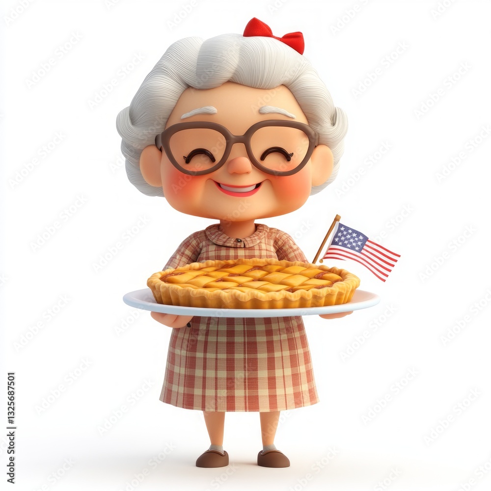 Cheerful Grandma with Pie and American Flag Celebrating Tradition Cheerful Grandma with Pie and American Flag Celebrating Tradition