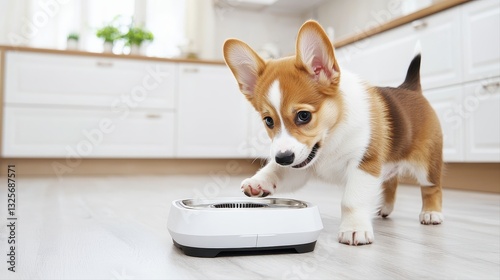Small playful dog enjoying a delicious meal from a food bowl placed next to a high-tech smart pet feeder in the home