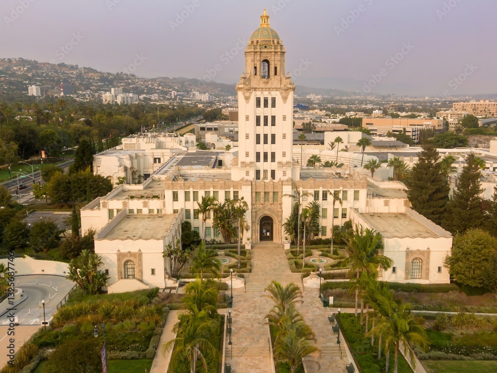 Fototapeta premium Aerial view of Beverly Hills City Hall, a government building in Los Angeles, California, USA. The building provides municipal services to residents and businesses.