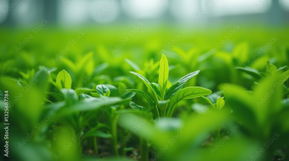 Obraz premium A close-up view of young green plants flourishing in an indoor farming space, promoting sustainable agriculture.