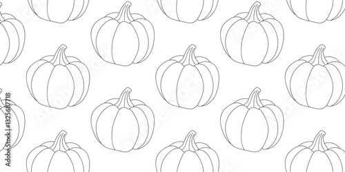 Pattern featuring repeated outline illustrations of pumpkins in a seamless design suitable for autumn or harvest themes