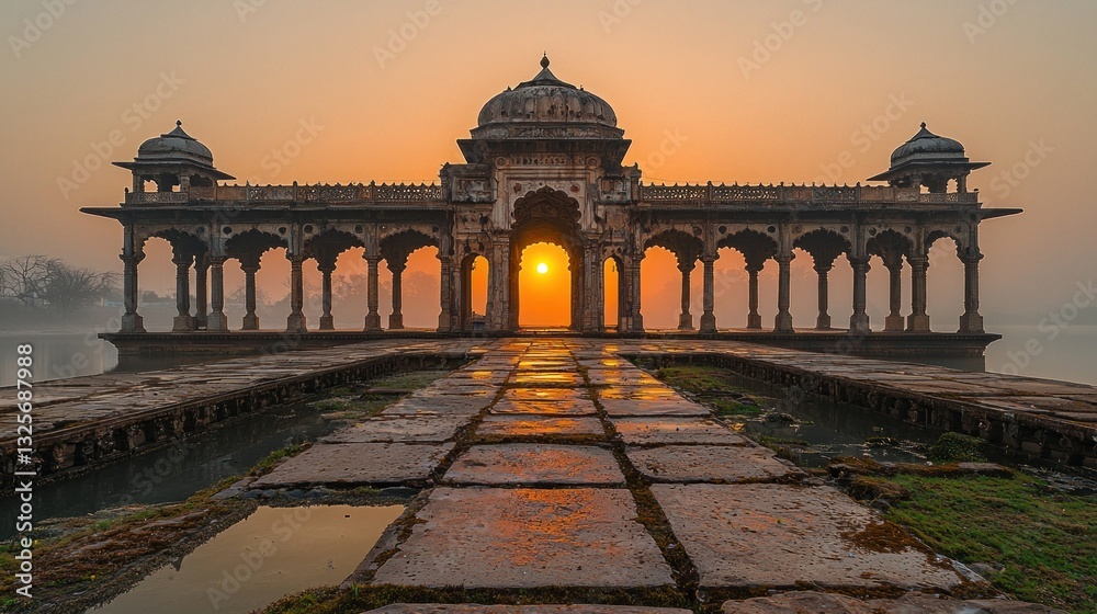 Fototapeta premium Sunrise over ancient stone pavilion on misty water.