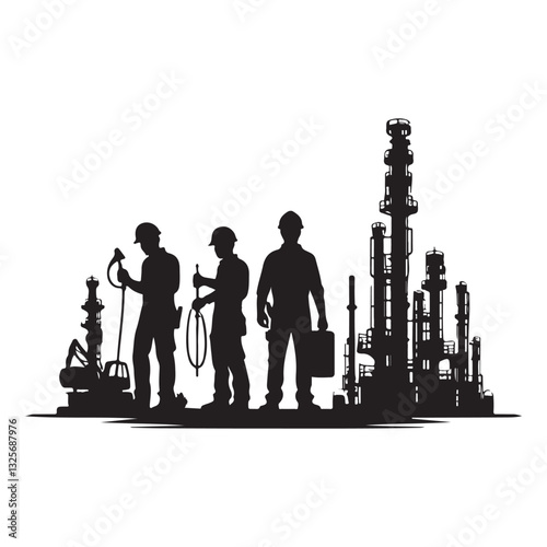 Oil Refinery Workers Silhouette Illustration with Industrial Background