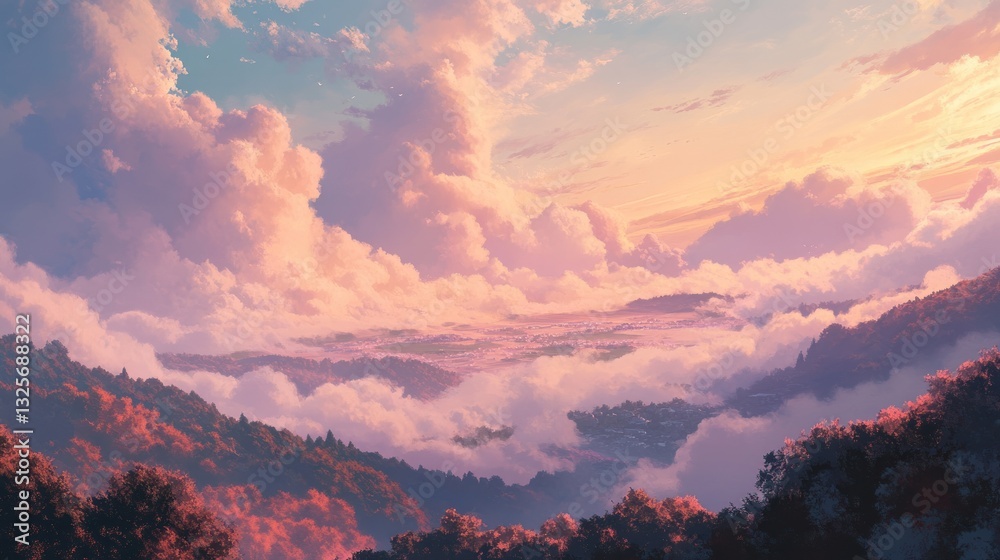 Fototapeta premium Serene Autumnal Valley Sunrise, Cloudscape View