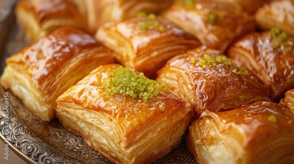 Deliciously Layered Baklava with Crispy Pastry, Honey Syrup, and Pistachio Topping on an Ornate Silver Platter Deliciously Layered Baklava with Crispy Pastry, Honey Syrup, and Pistachio Topping on an Ornate Silver Platter