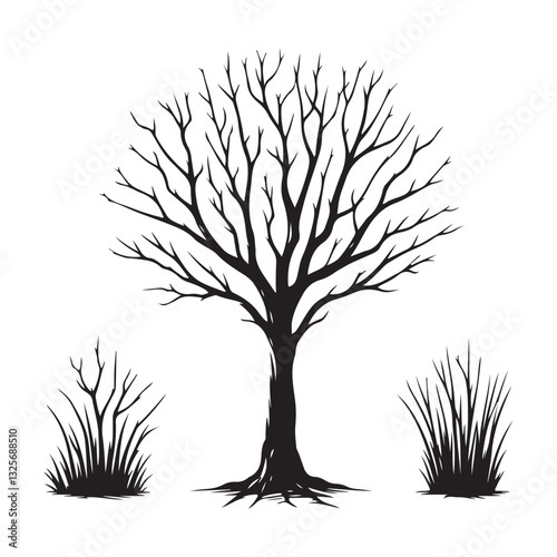 Silhouette of Bare Tree with Grass Modern Illustration of Nature