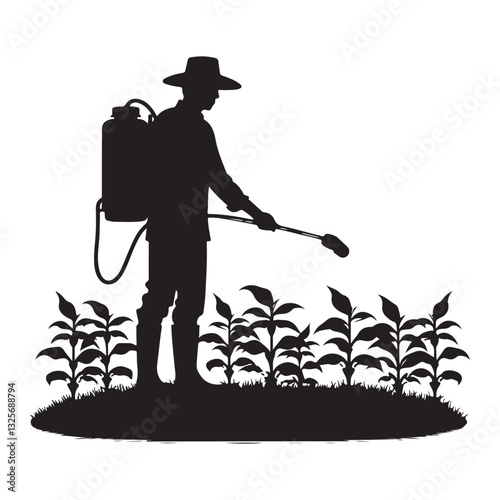Agricultural Worker Silhouette Spraying Pesticides in a Farm Field Vector Art