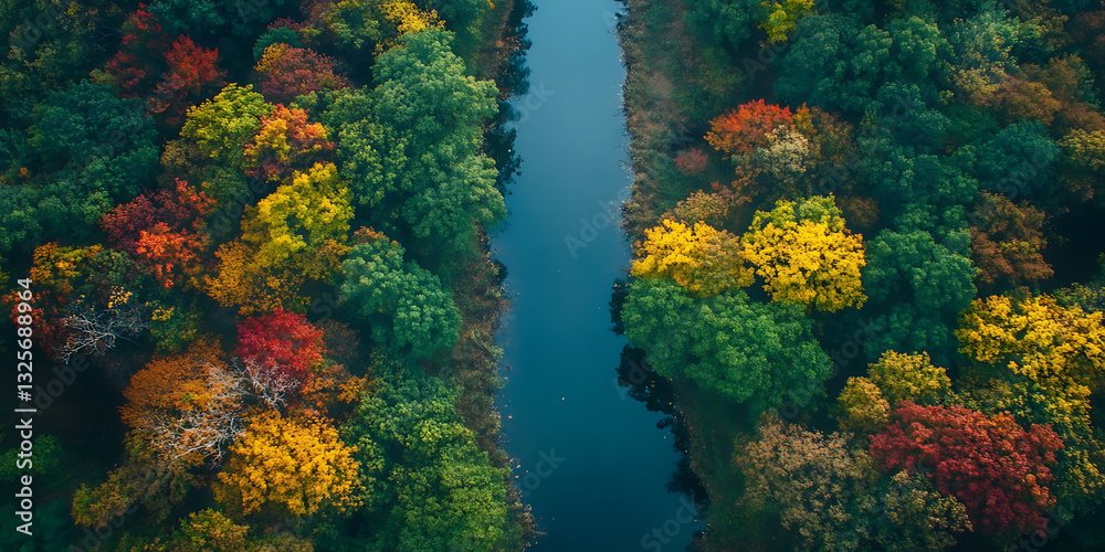 Peaceful River Running Through a Dense Autumn Forest for a Serene and Picturesque Retreat Peaceful River Running Through a Dense Autumn Forest for a Serene and Picturesque Retreat