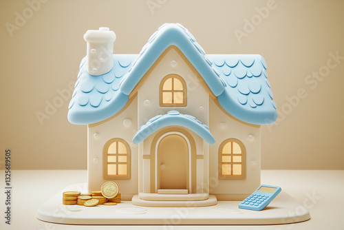 Whimsical 3D house model with coins and calculator representing home finance.