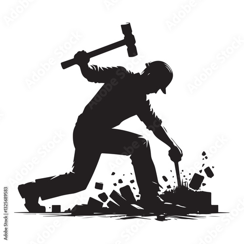 Construction Worker Silhouette Demolishing Rock Heavy Labor Illustration