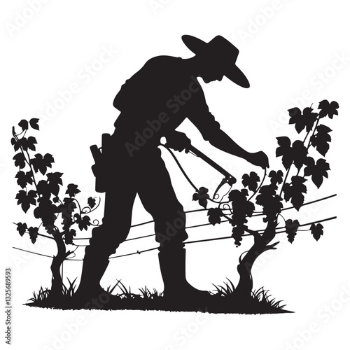 Vineyard Worker Silhouette Pruning Grapes Harvesting Season Illustration