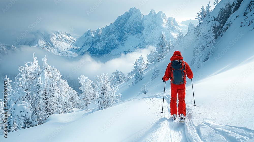 Skier ascending snowy mountain peak. Skier ascending snowy mountain peak.