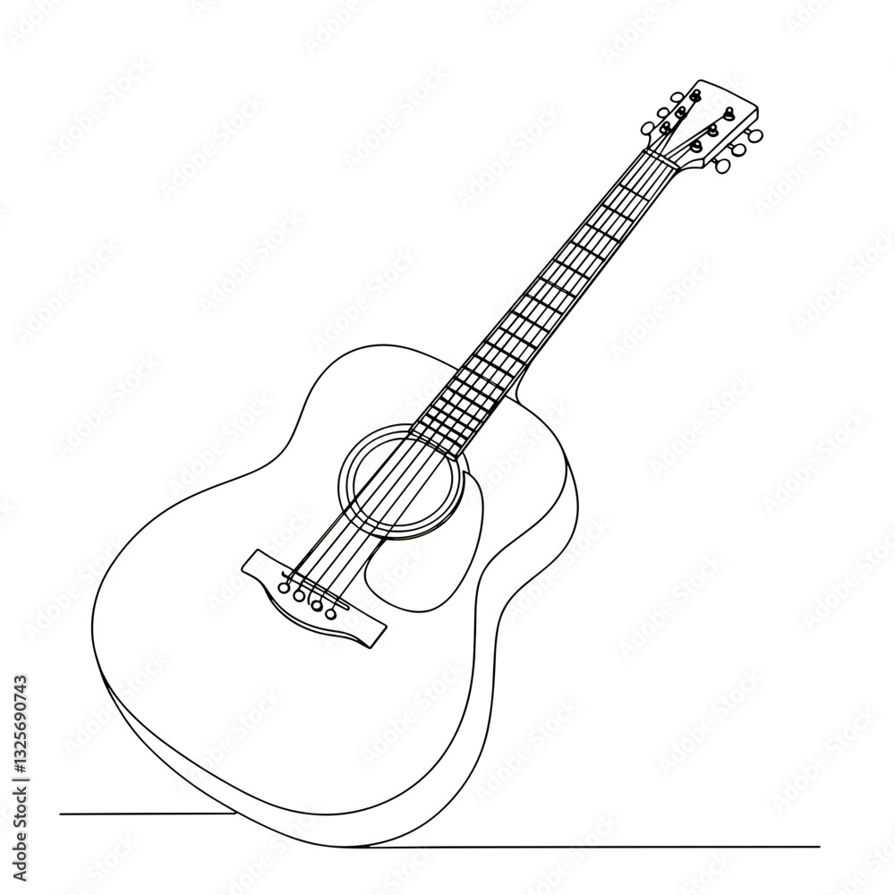 Fototapeta premium Acoustic Guitar Illustration: a finely detailed line drawing of an acoustic guitar leans, capturing the essence of musical creativity and the artistry of design.