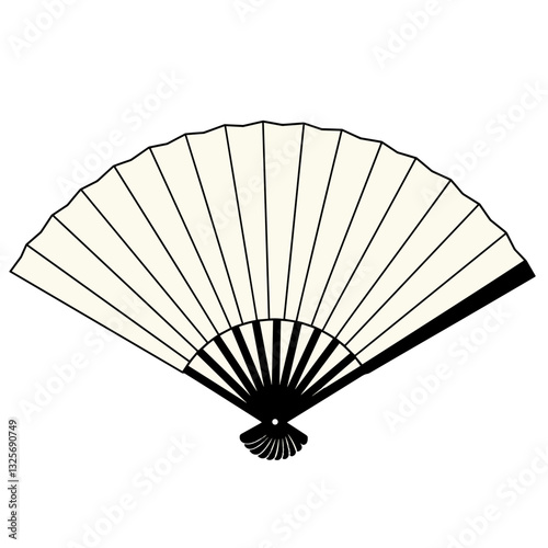 Elegant Folding Fan: A traditional folding fan, intricately designed and exuding an aura of timeless elegance. The fan is fully open, revealing its detailed structure and classic form.