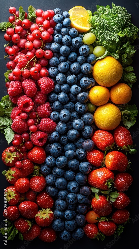 A vibrant array of fresh fruits and vegetables artfully arranged in a stunning rainbow pattern, showcasing rich colors from deep red tomatoes to bright purple eggplants, and lush green kale. A vibrant array of fresh fruits and vegetables artfully arranged in a stunning rainbow pattern, showcasing rich colors from deep red tomatoes to bright purple eggplants, and lush green kale.