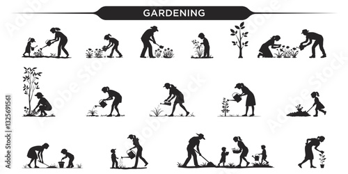 Vector illustration of various people gardening silhouette
