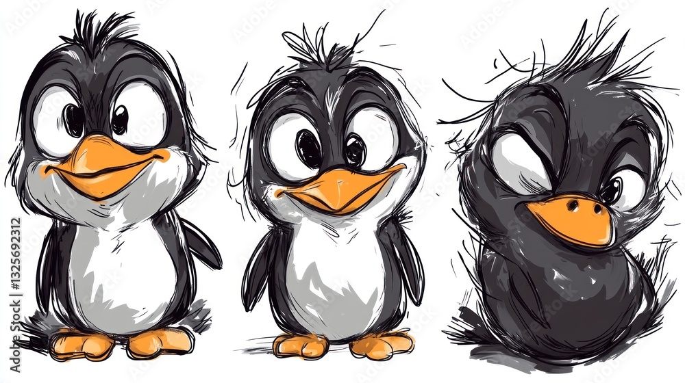 Fototapeta premium Three expressive animated penguins displaying different emotive facial expressions