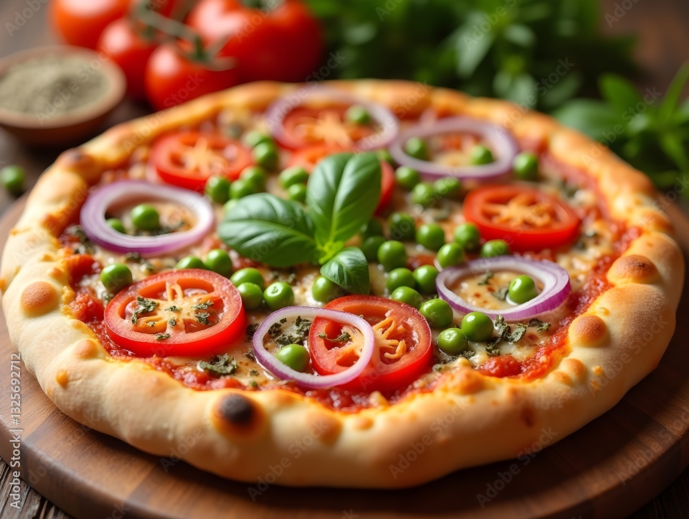 Enjoy the delicious flavors of a vegetarian pizza with fresh tomatoes, onions, and green peas on a crispy crust from a nearby pizzeria. Add basil, herbs, parsley, and spices for an extra kick Enjoy the delicious flavors of a vegetarian pizza with fresh tomatoes, onions, and green peas on a crispy crust from a nearby pizzeria. Add basil, herbs, parsley, and spices for an extra kick