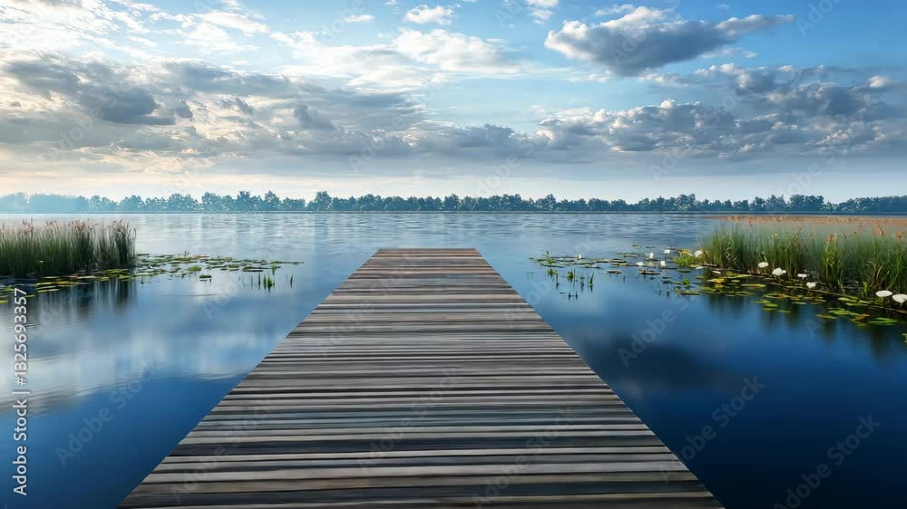 Serene lake view with wooden dock and floating water lilies under a cloudy blue sky Serene lake view with wooden dock and floating water lilies under a cloudy blue sky