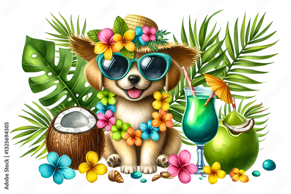 Naklejka premium Cheerful summer puppy wearing oversized sunglasses and a Hawaiian flower lei. Watercolor animal clipart illustration isolated on a white background