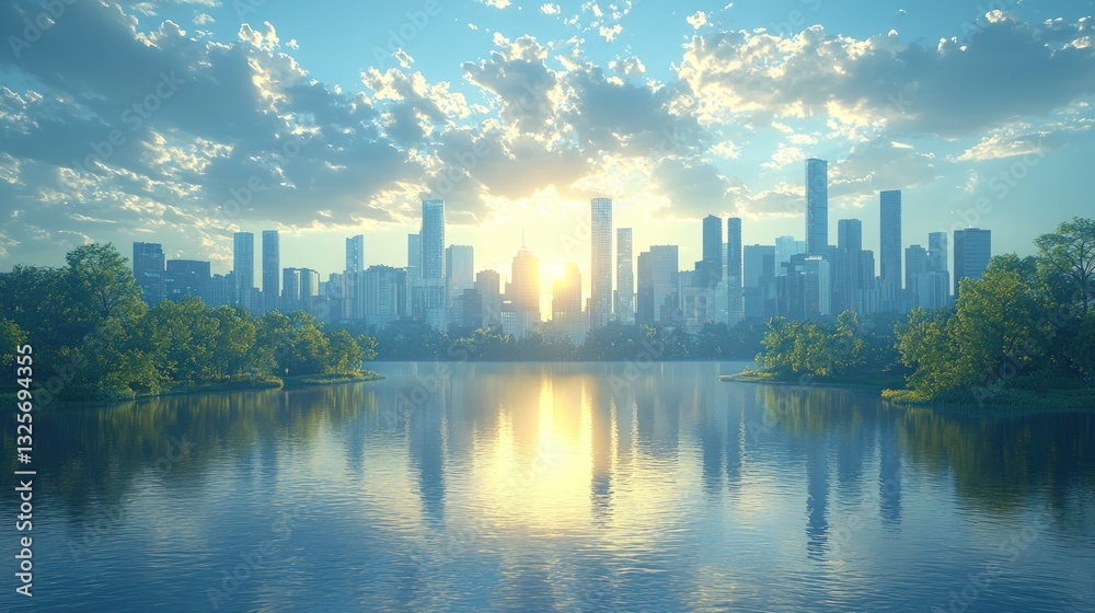 Fototapeta premium Sunrise cityscape reflected in calm lake.