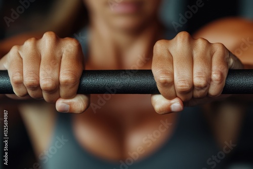 Close-Up of a Determined Woman Gripping a Barbell in a Gym, Showcasing Strength, Focus, and Dedication to Fitness Goals in an Intense Workout Environment.