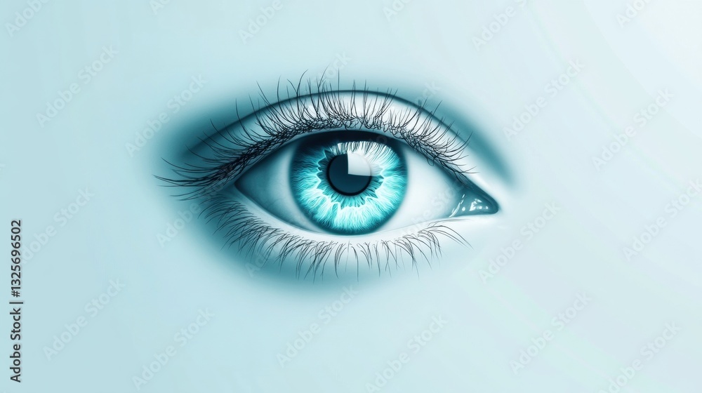 Close-Up of a Beautiful Blue Eye with Detailed Iris and Long Lashes, Surrounded by Soft Light and a Minimalistic Background Ideal for Artistic Projects Close-Up of a Beautiful Blue Eye with Detailed Iris and Long Lashes, Surrounded by Soft Light and a Minimalistic Background Ideal for Artistic Projects