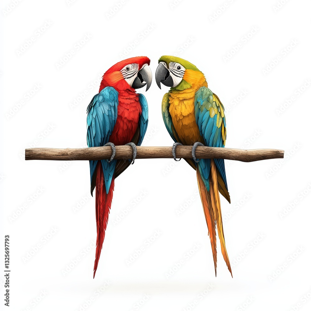 Obraz premium Two colorful parrots perched on a branch, showcasing vibrant feathers and a harmonious bond in a serene setting.