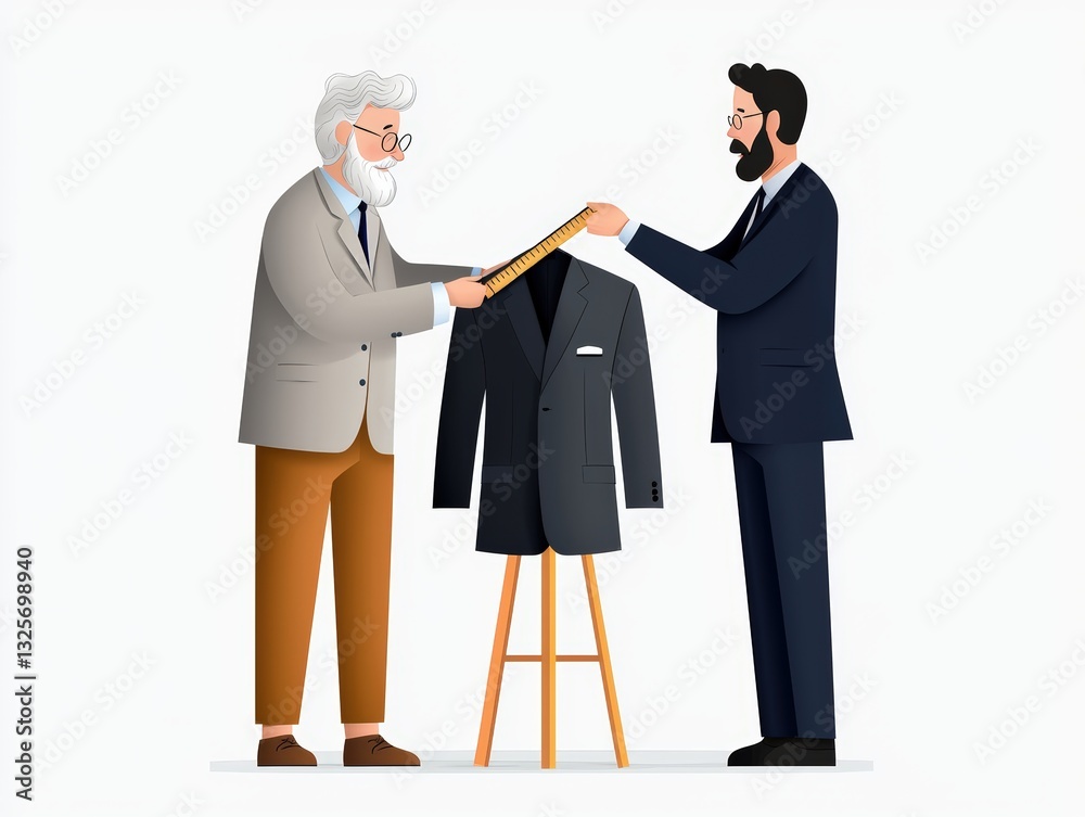 Fototapeta premium Two men engage in tailoring interaction, measuring a suit jacket for a perfect fit in a stylish setting.