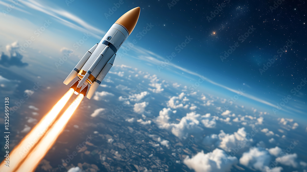 Naklejka premium Advanced ion thruster spacecraft launching beyond earth’s atmosphere outer space digital artwork futuristic environment aerial perspective exploration concept