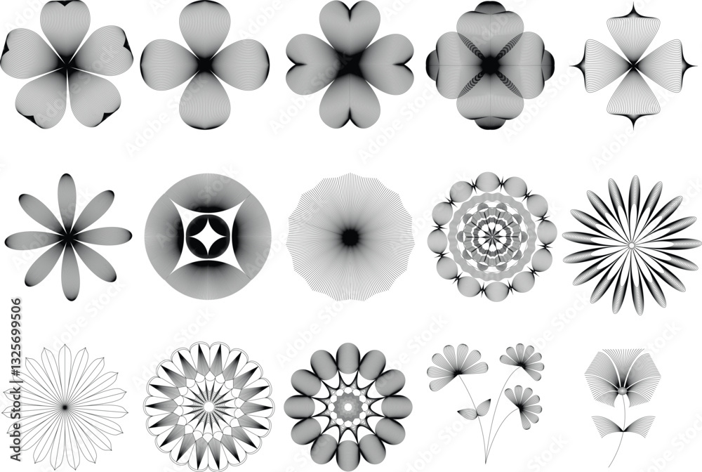 Abstract linear shapes, circles, flowers