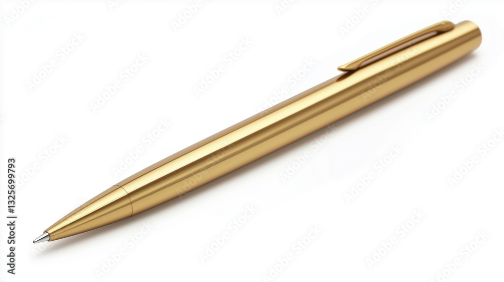 A gold-colored ballpoint pen, smooth and glossy, angled slightly downward on a pure white background A gold-colored ballpoint pen, smooth and glossy, angled slightly downward on a pure white background