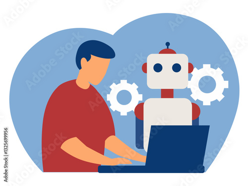 Human and robot working together at a laptop - the concept of artificial intelligence. Flat style vector illustration.