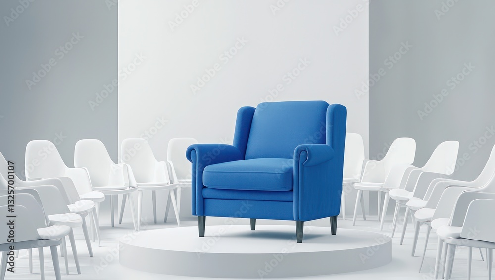 Fototapeta premium Minimalist conceptual art with a blue armchair surrounded by white.