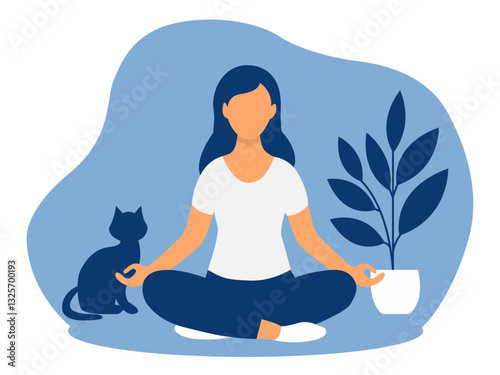 Woman meditating in lotus position with cat. Vector illustration in flat style.