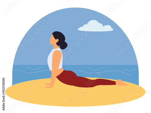 Woman practicing yoga on the beach. Vector illustration in a flat style.