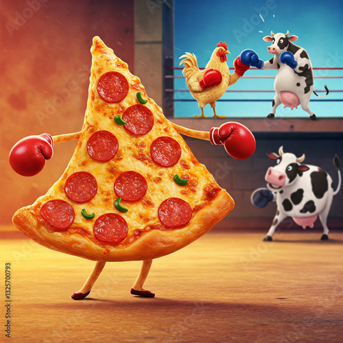 Pizza coaching a chicken and a cow in a boxing match