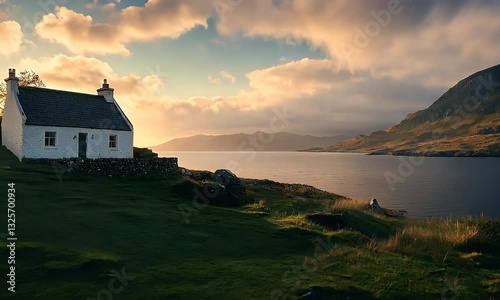 Coastal cottage sunset; tranquil loch, hills backdrop; idyllic rural scene; perfect for travel brochures
