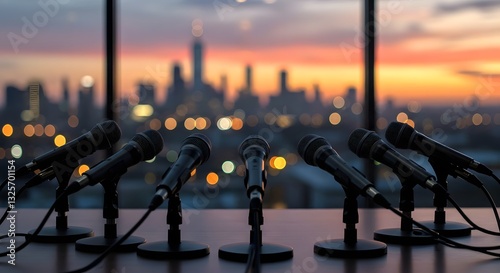Microphones set up on a table with a cityscape background, ready for a press conference or media event. and public speaking. journalism, conveying themes of communication, speaking, Generated Ai